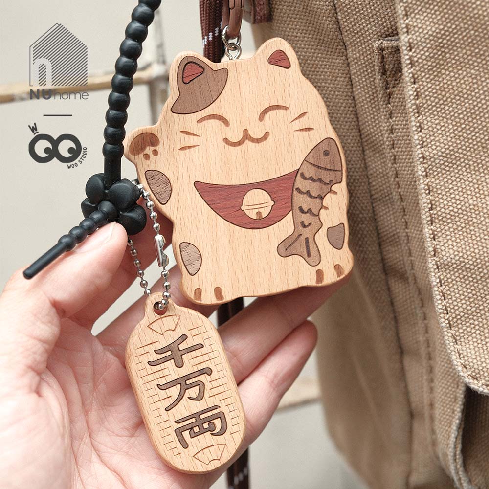 Móc khóa gỗ hình mèo thần tài - Komi - Ảnh 3
