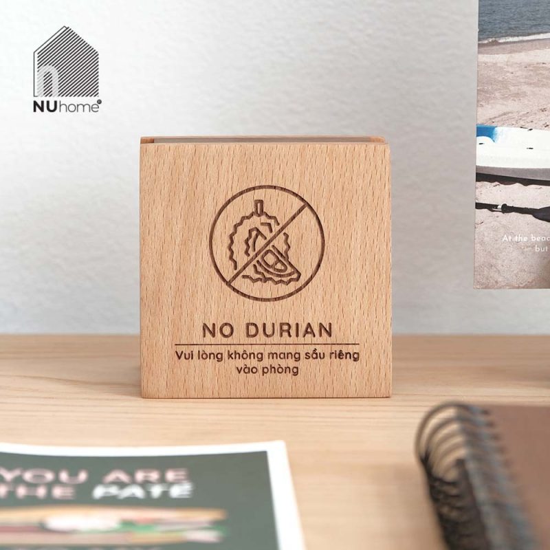 Bảng gỗ thông báo NO DURIAN khắc laser theo yêu cầu cho khách sạn và resort – NU HOME