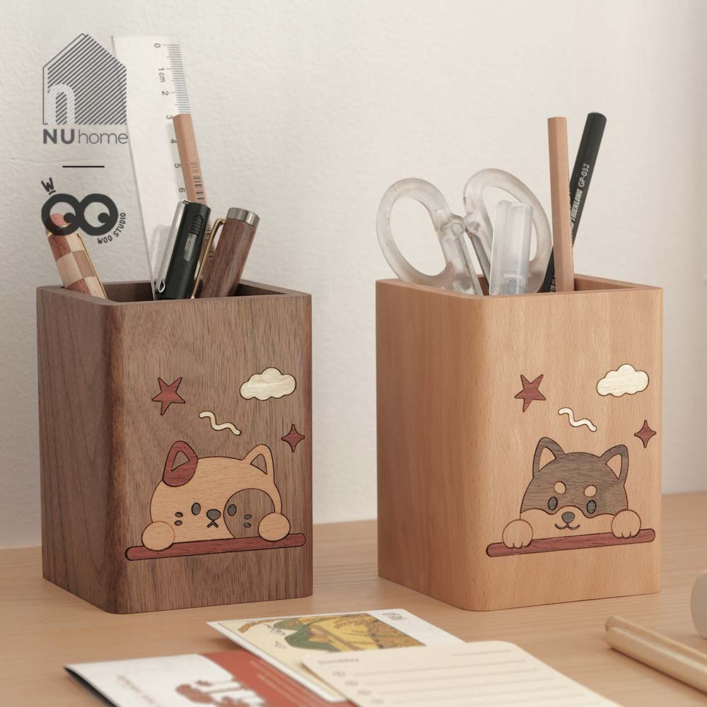 Hộp đựng bút gỗ - Hình chó mèo