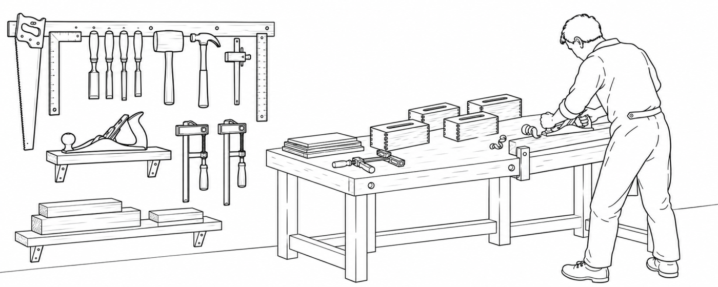 Minh họa thợ mộc bào gỗ và sản xuất hộp giấy gỗ Bako tại NU Home